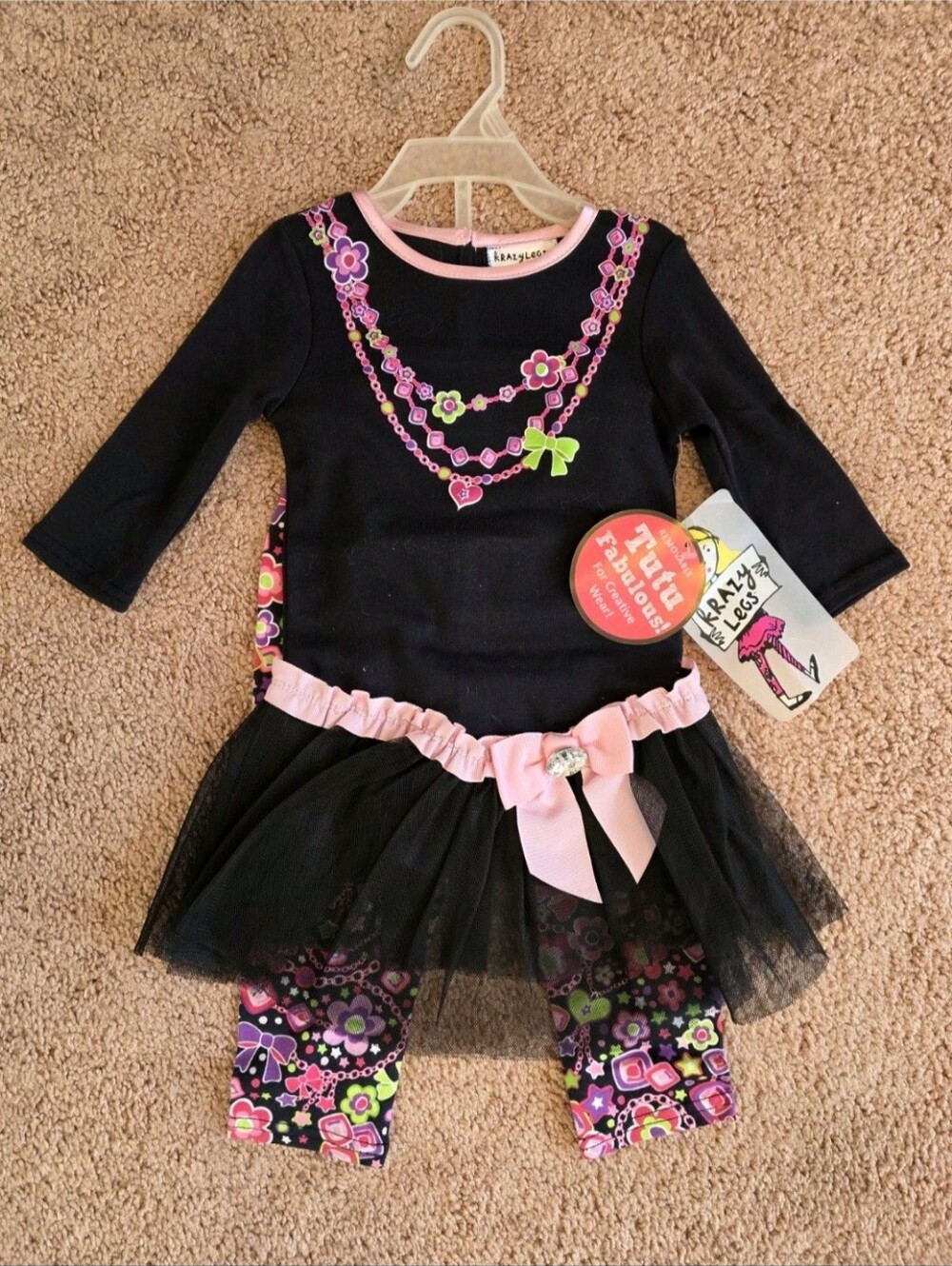 New Toddler Girl Crazy Legs Floral Top Leggings and Tutu Set Size 24 Months